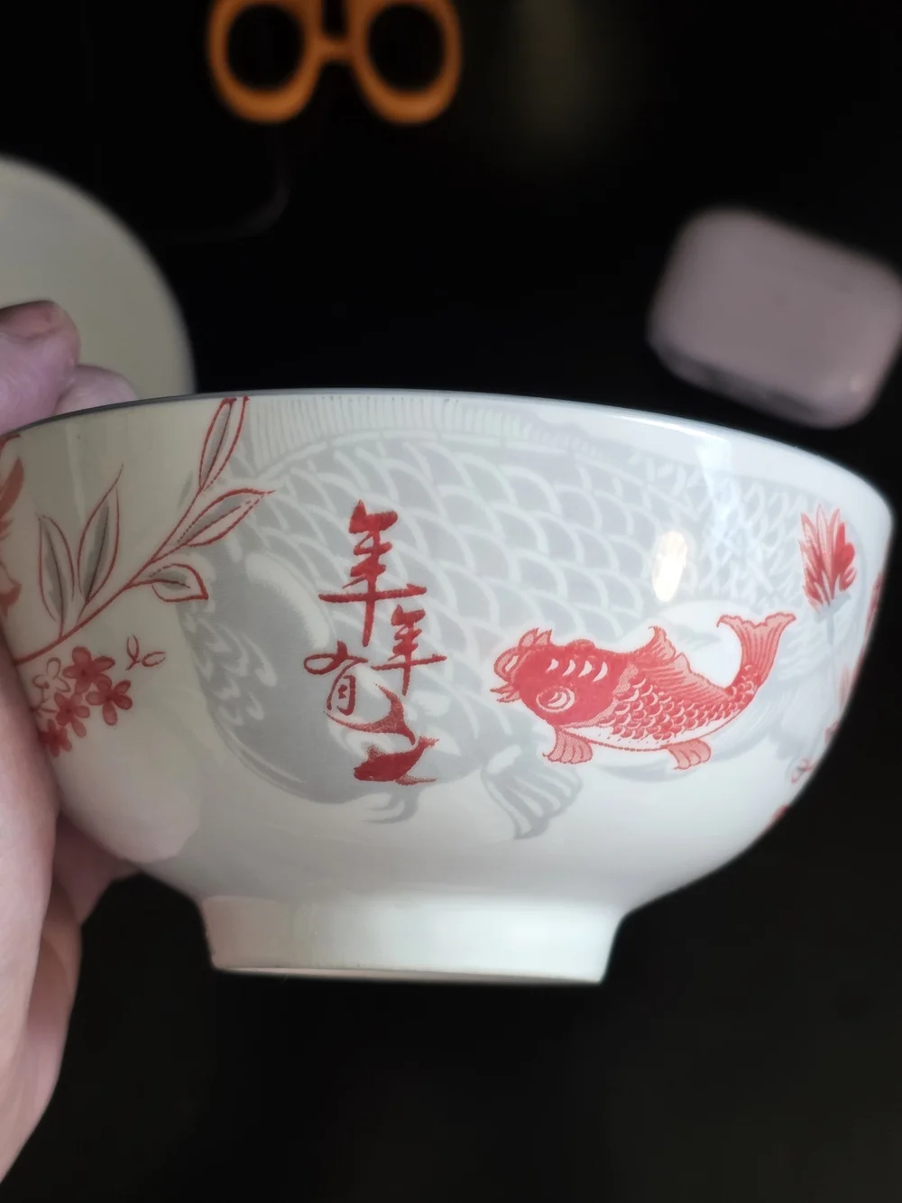 SF Marked glazed Porcelain Bowls with Red Floral&Fish Motif Japanese Set of 3